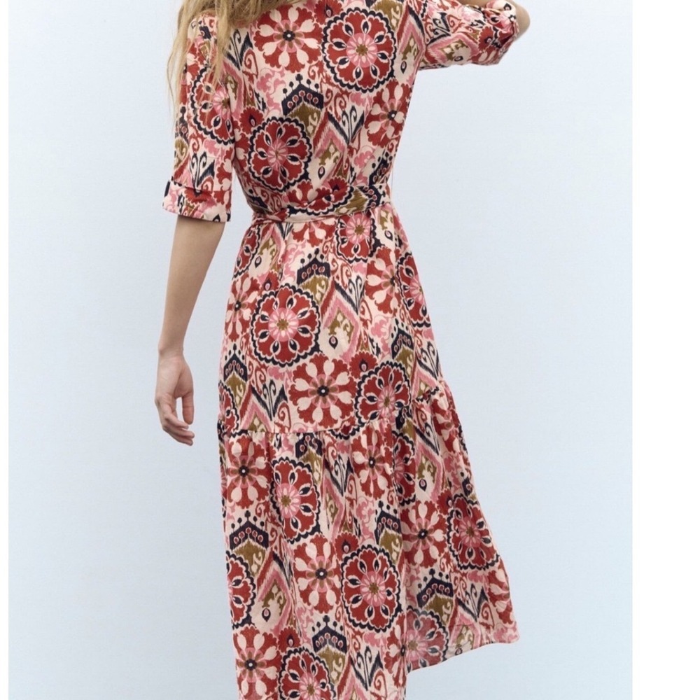 Zara Womens Pink Orange Ikat Floral Tiered Midi Shirt Dress Size Medium Belted - Picture 2 of 6